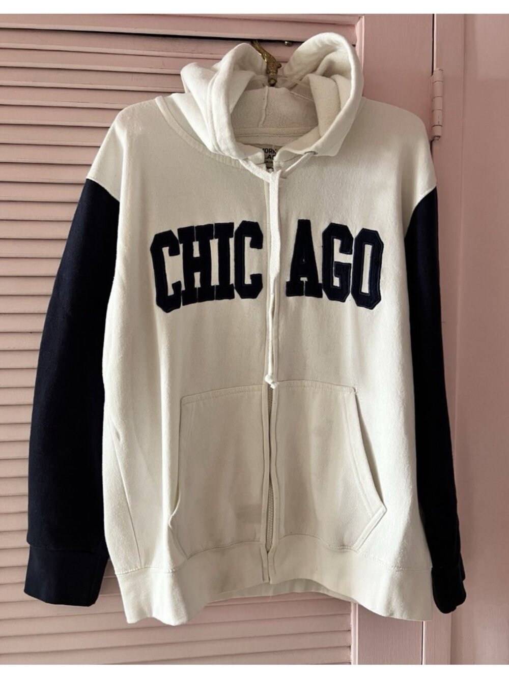 CHICAGO Hoodie Jacket Sz L Unisex Zip Up Navy Cream 60% Cotton NEW YORK POPULAR